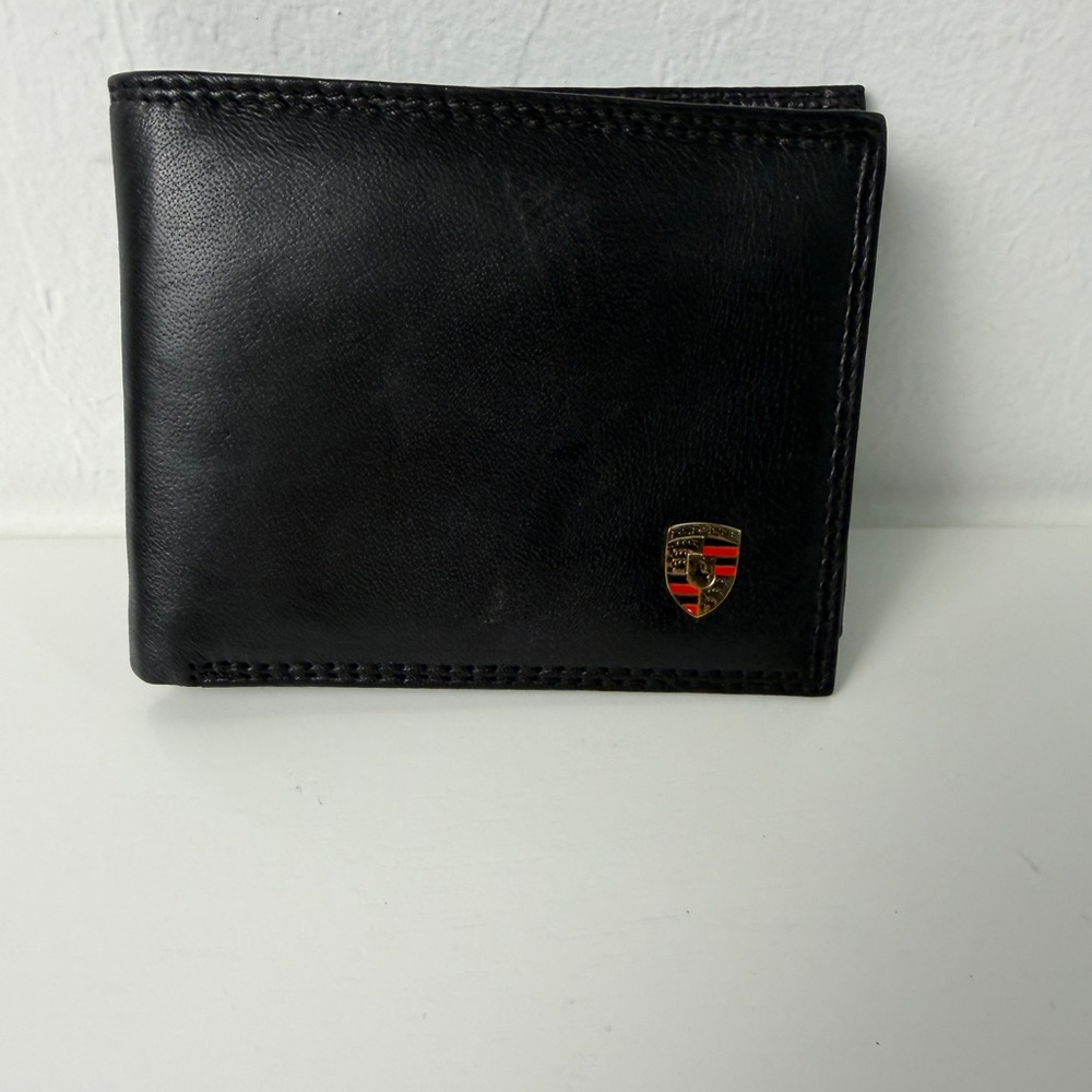 Porsche Design Black Leather Bifold Wallet RFID Blocking Crest Logo Men’s